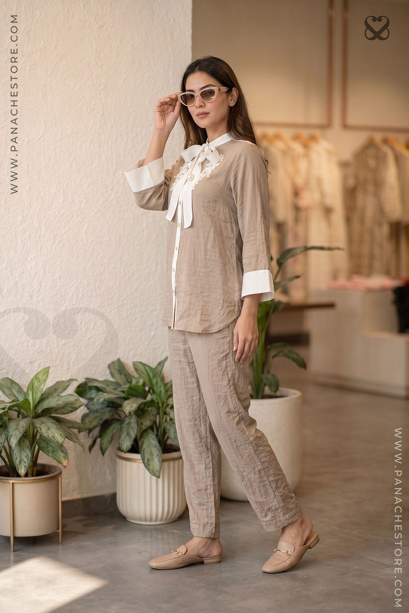 Taupe Beige Co-Ord Set in Bow-Tie Style