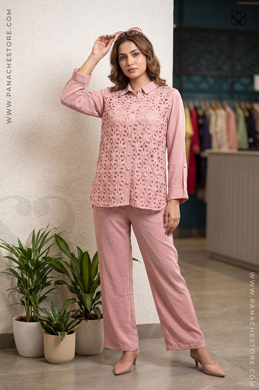pink coord set for girls, pink shirt, pink pant, baby pink outfit, women designer shirt 