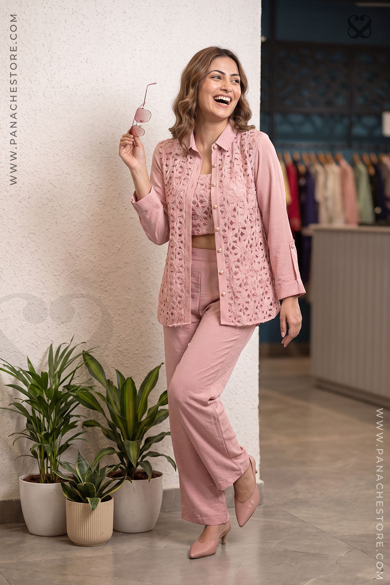 pink coord set for girls, pink shirt, pink pant, baby pink outfit, women designer shirt 