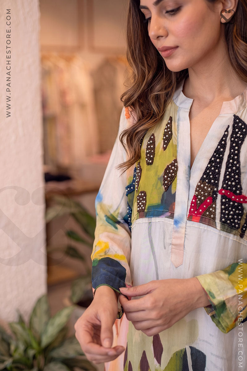 Colorful white dress for women, white kurti, multicolor kurti, linen kurti, designer kurti, Panache branding