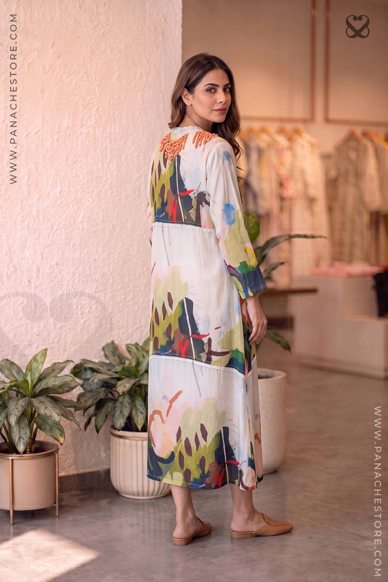Colorful white dress for women, white kurti, multicolor kurti, linen kurti, designer kurti, Panache branding