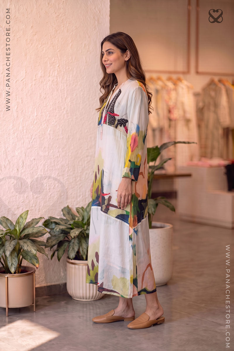 Colorful white dress for women, white kurti, multicolor kurti, linen kurti, designer kurti, Panache branding