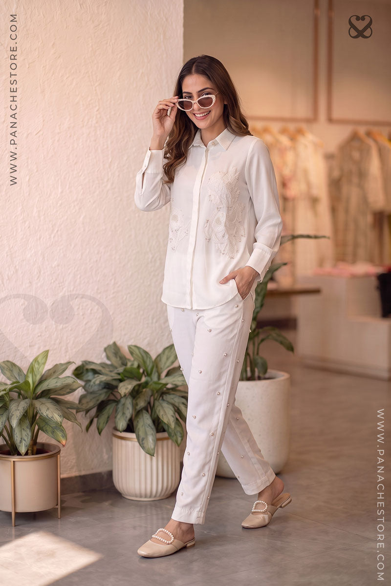 white coord set, white shirt for women, designer white shirt for women, white pant, hand-embellishment