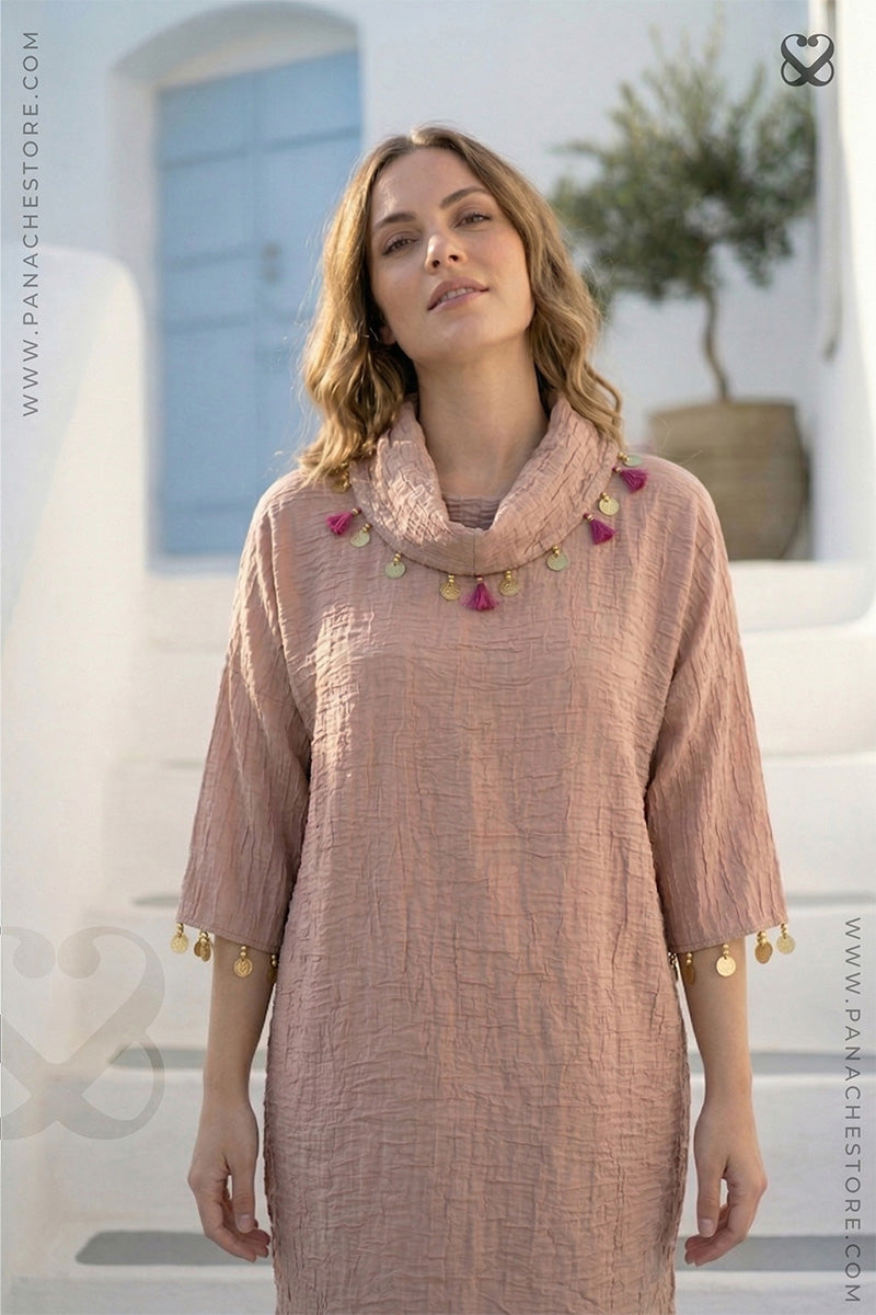 Peach Kaftan Kurti in Crushed Tissue Silk Fabric