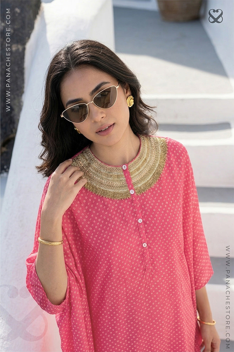 Pink Kaftan in Satin Silk Bandhej Prints with Gold Zari Neckline