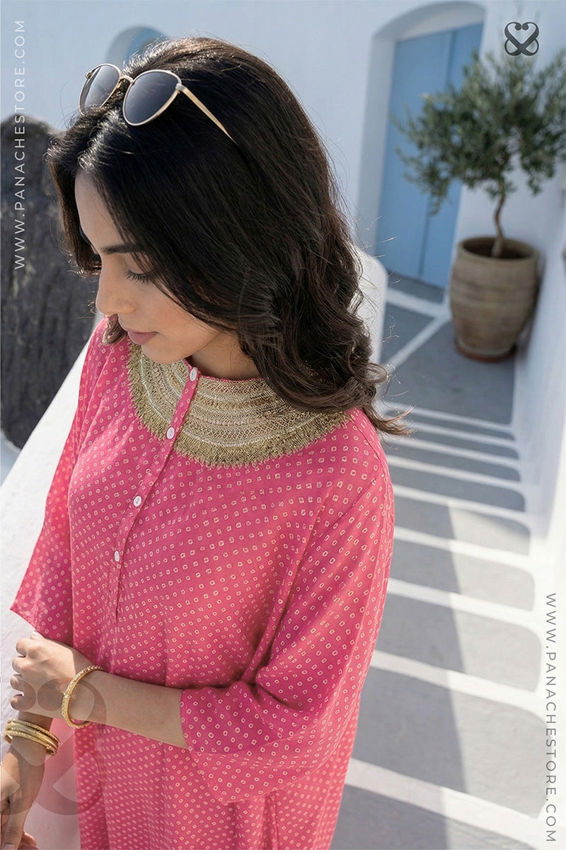 Pink Kaftan in Satin Silk Bandhej Prints with Gold Zari Neckline