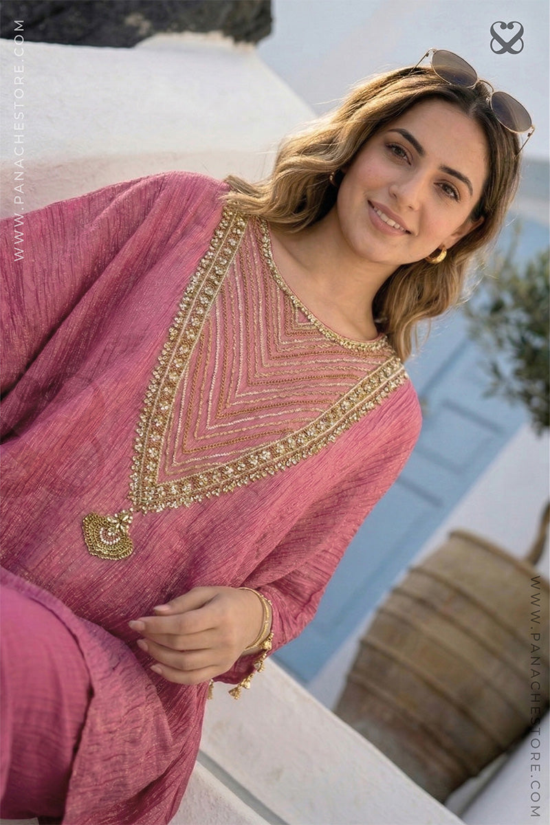 Pink Crushed Tissue Silk Kaftan Set with Gold Zari Embellishments