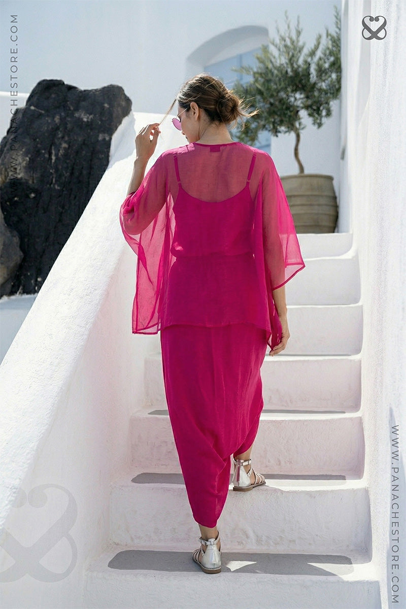 Magenta-Pink Indo-Western Party Dress with Camisole and Pleated Skirt