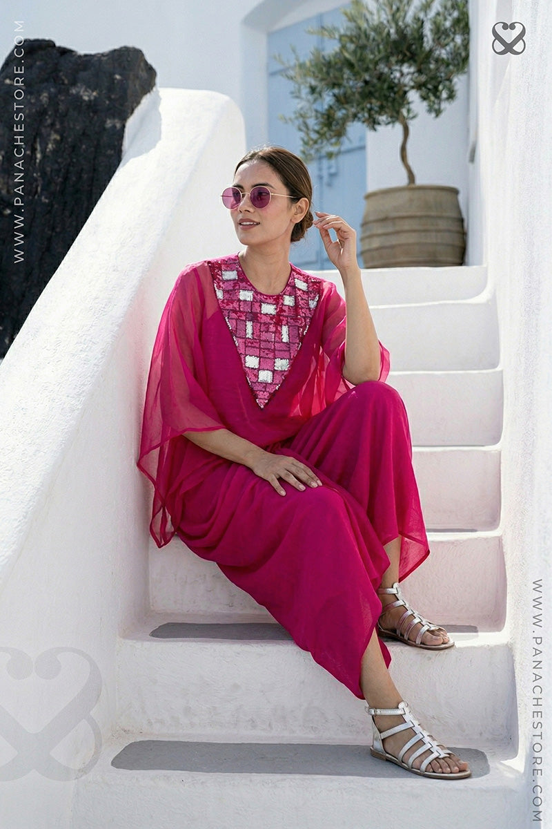 Magenta-Pink Indo-Western Party Dress with Camisole and Pleated Skirt