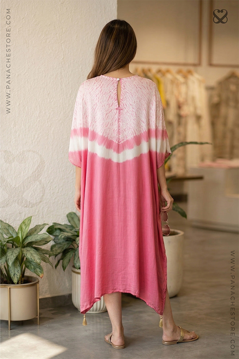 Pink Kaftan Dress on Satin Silk Tie-Dye Print