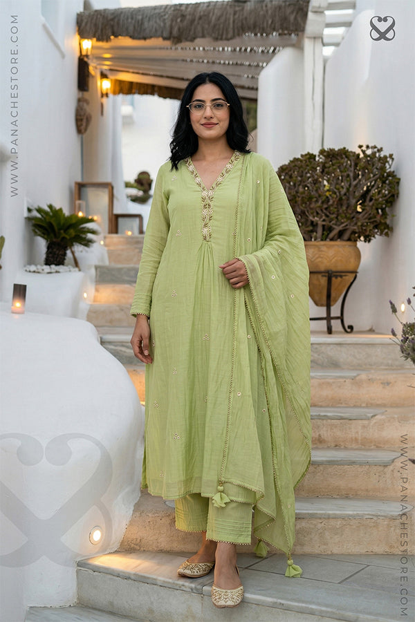 Woman in a light green 3 piece salwar suit set dupatta standing on steps outdoors.