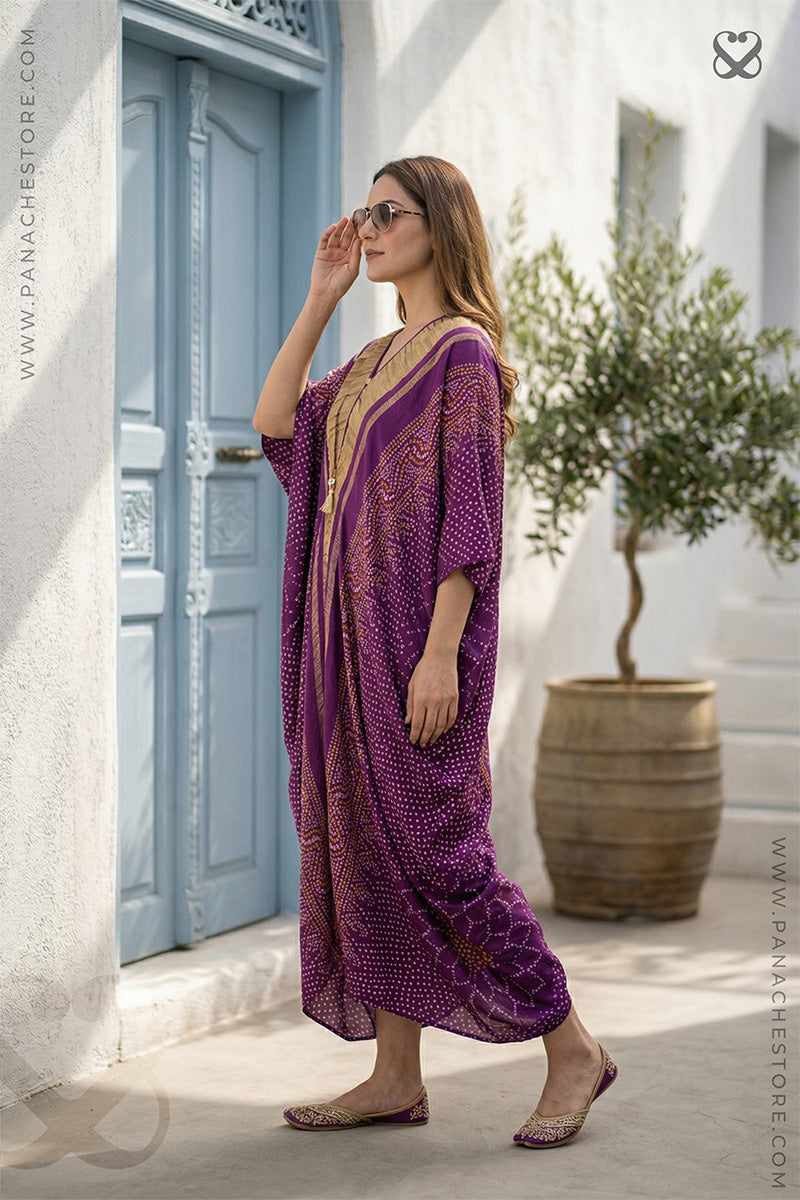 Purple Kaftan with Bandhani Print on Silk Base with Gold Zari Weave Detail
