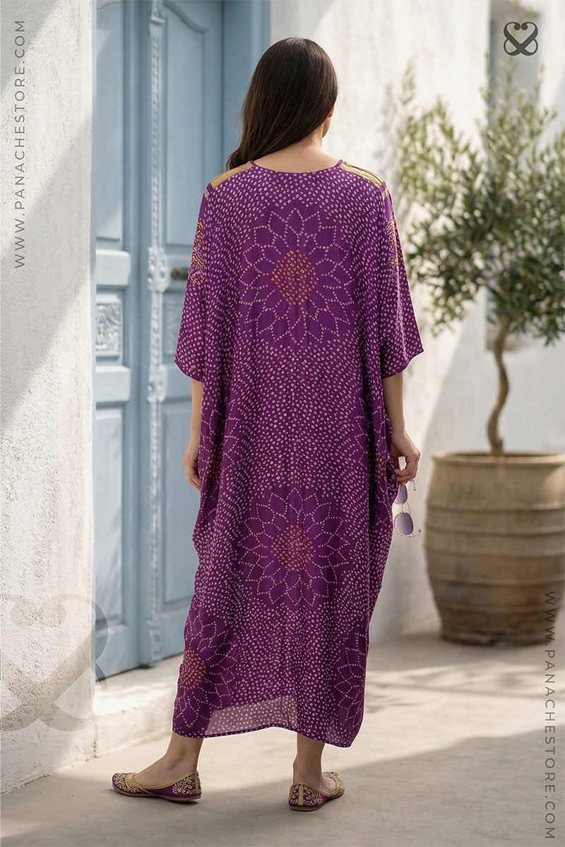 Purple Kaftan with Bandhani Print on Silk Base with Gold Zari Weave Detail