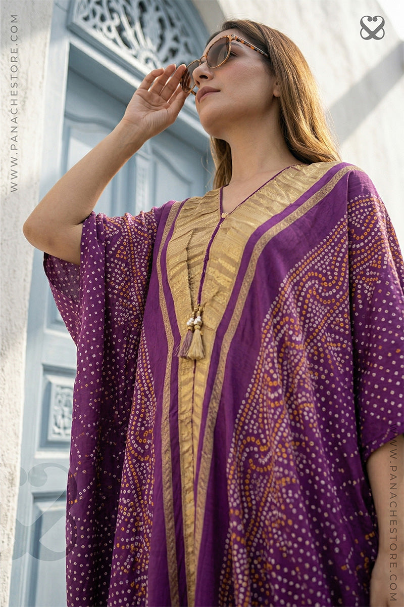 Purple Kaftan with Bandhani Print on Silk Base with Gold Zari Weave Detail