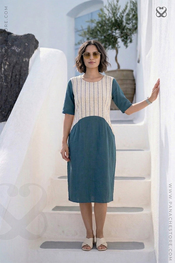 Dark Teal and Beige Striped Linen Cotton Dress
