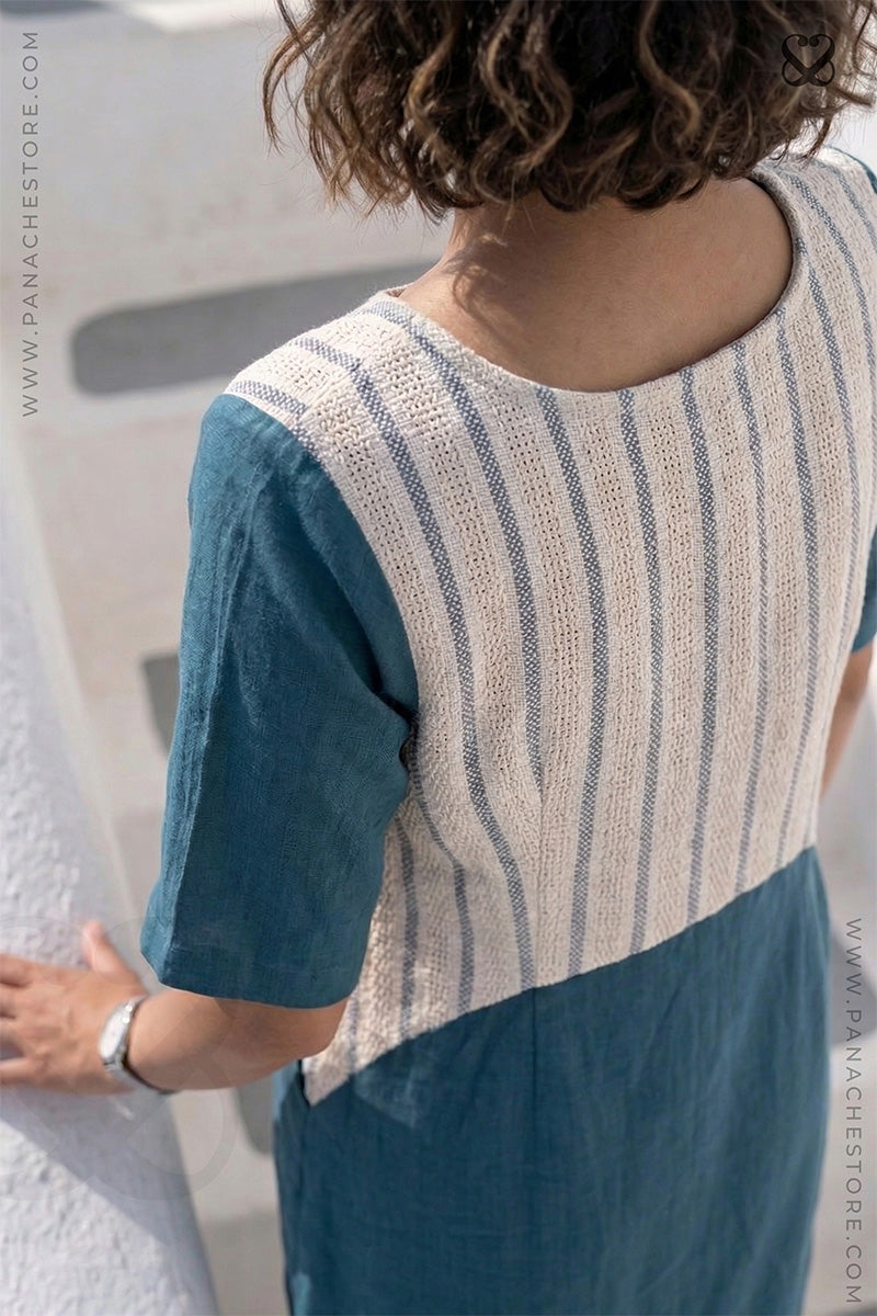 Dark Teal and Beige Striped Linen Cotton Dress