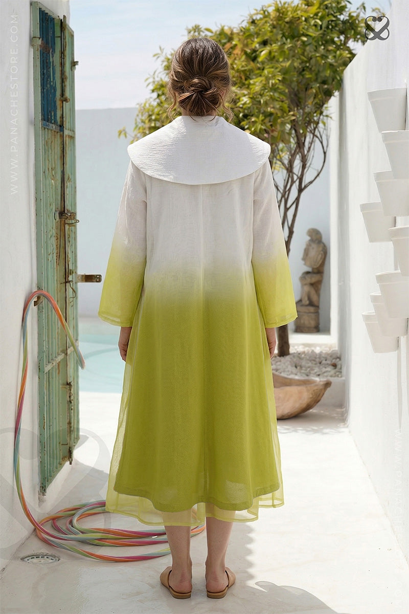 White and Lime Yellow Ombre Satin Silk Blazer Style Long Shrug