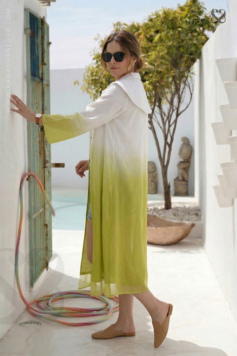 White and Lime Yellow Ombre Satin Silk Blazer Style Long Shrug