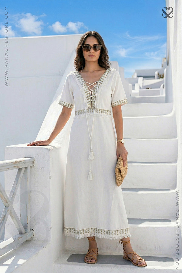 White Linen Cotton Dress with Lace-Up Neck