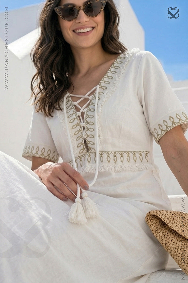 White Linen Cotton Dress with Lace-Up Neck