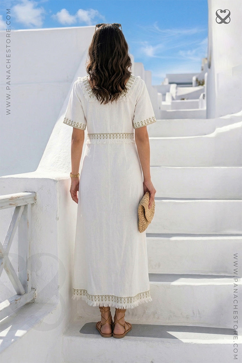 White Linen Cotton Dress with Lace-Up Neck
