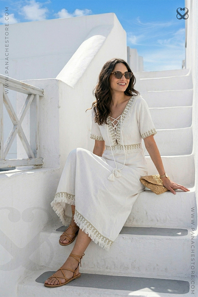 White Linen Cotton Dress with Lace-Up Neck