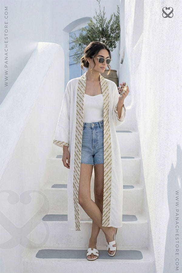 White Linen Cotton Shrug with Olive Green Geometric Border