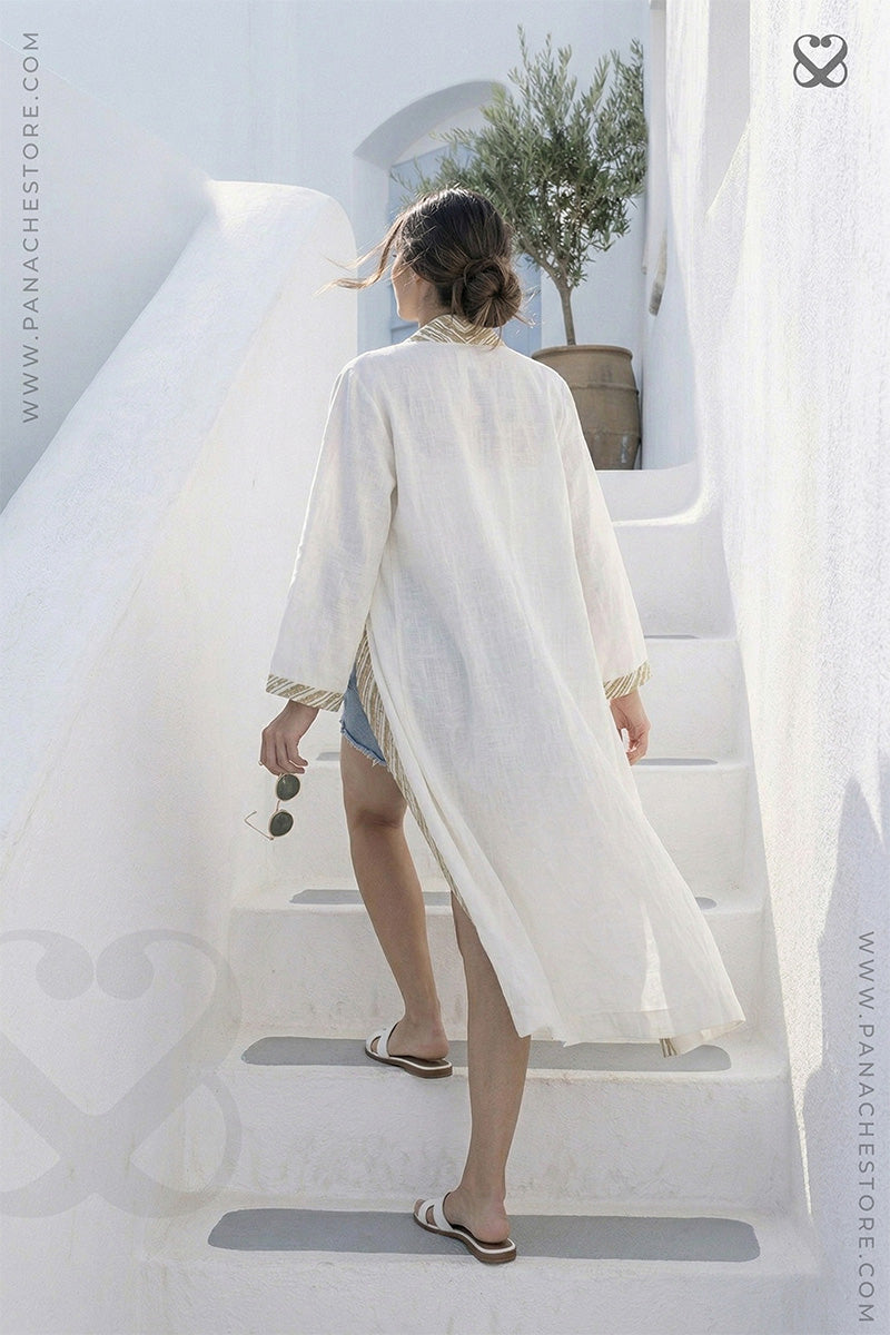White Linen Cotton Shrug with Olive Green Geometric Border