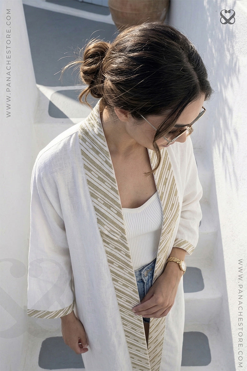 White Linen Cotton Shrug with Olive Green Geometric Border