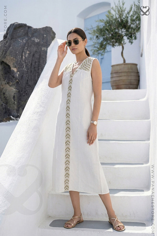 White Linen Cotton Sleeveless Dress with Olive Chevron Embroidery