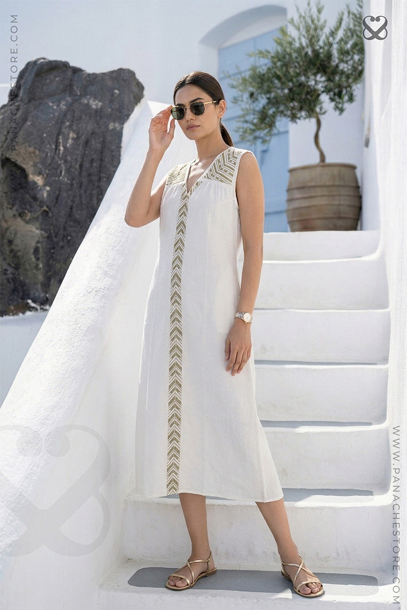 White Linen Cotton Sleeveless Dress with Olive Chevron Embroidery