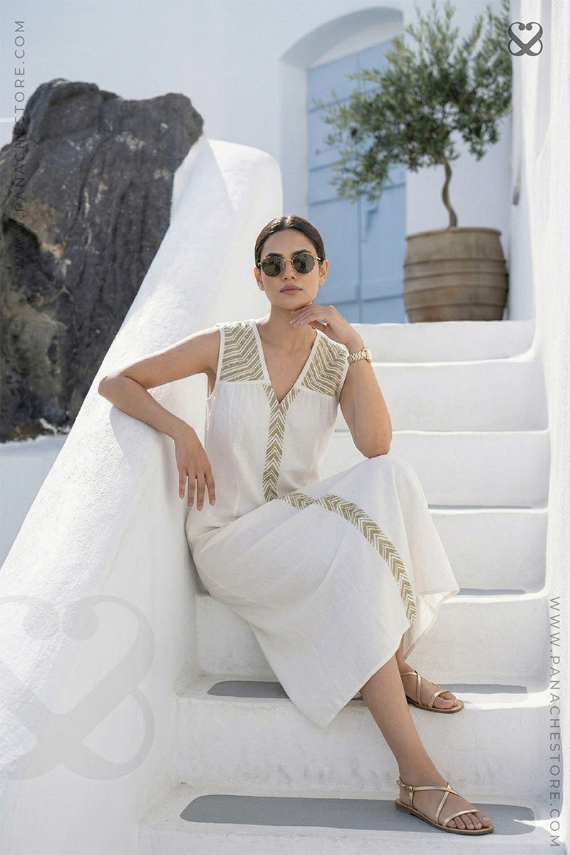 White Linen Cotton Sleeveless Dress with Olive Chevron Embroidery