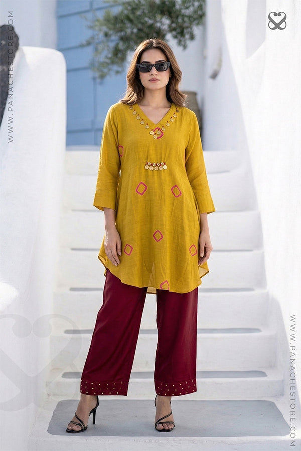 Mustard Yellow Mulmul Cotton Kurti Pant Set with Coin Tassels