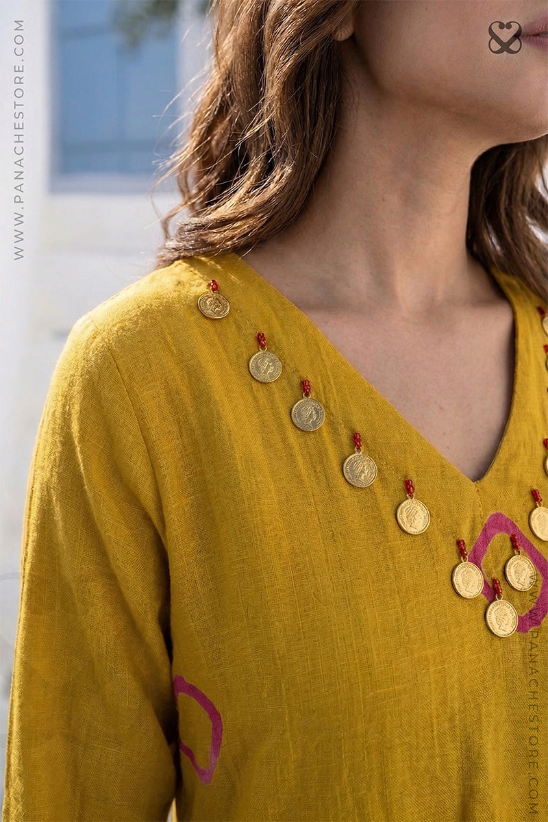 Mustard Yellow Mulmul Cotton Kurti Pant Set with Coin Tassels
