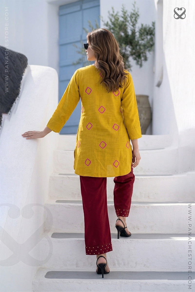 Mustard Yellow Mulmul Cotton Kurti Pant Set with Coin Tassels