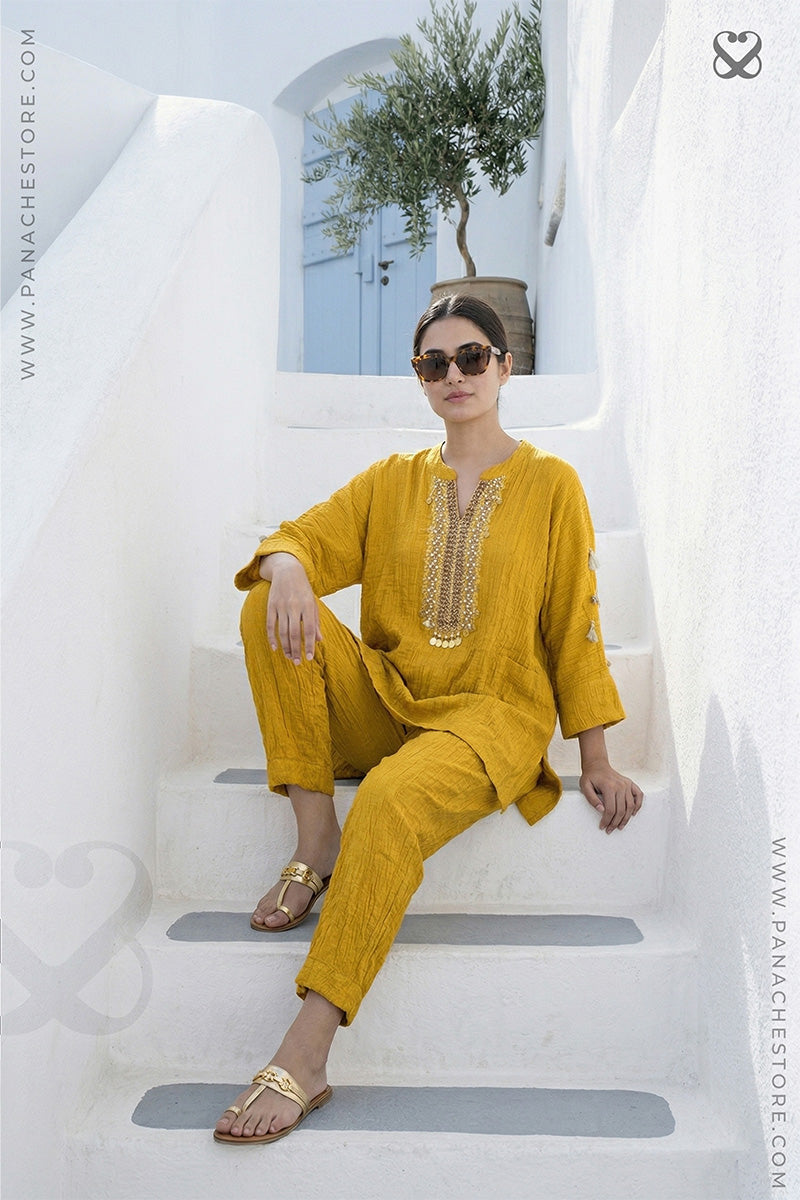 Mustard Yellow Top Pant Set In Crushed Tissue Silk Fabric