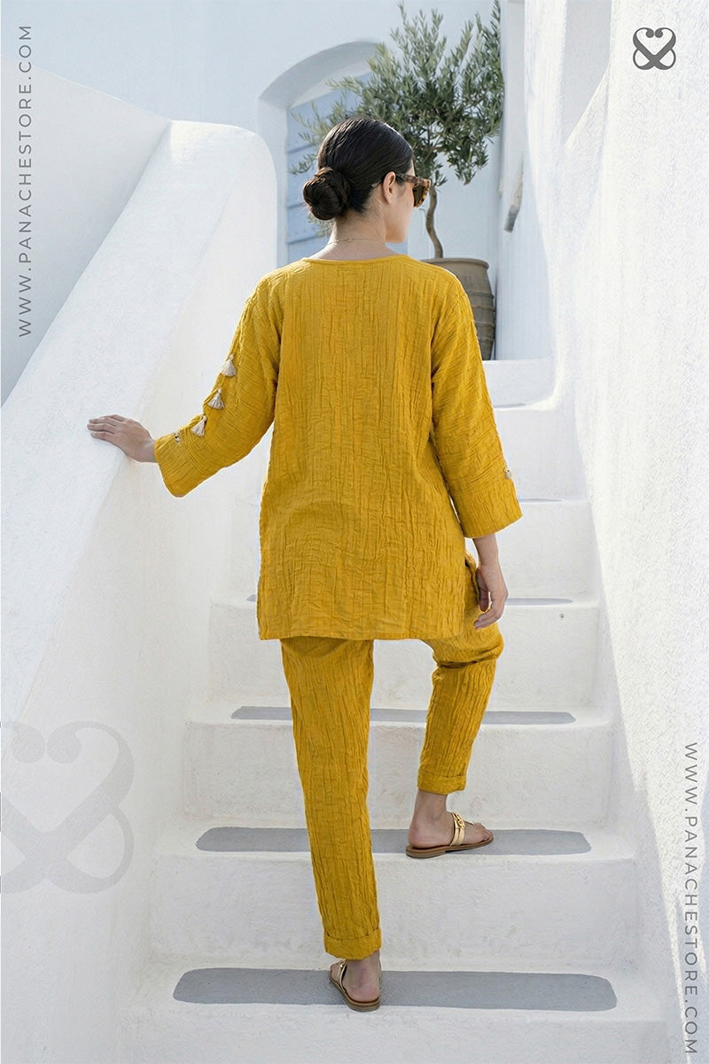 Mustard Yellow Top Pant Set In Crushed Tissue Silk Fabric