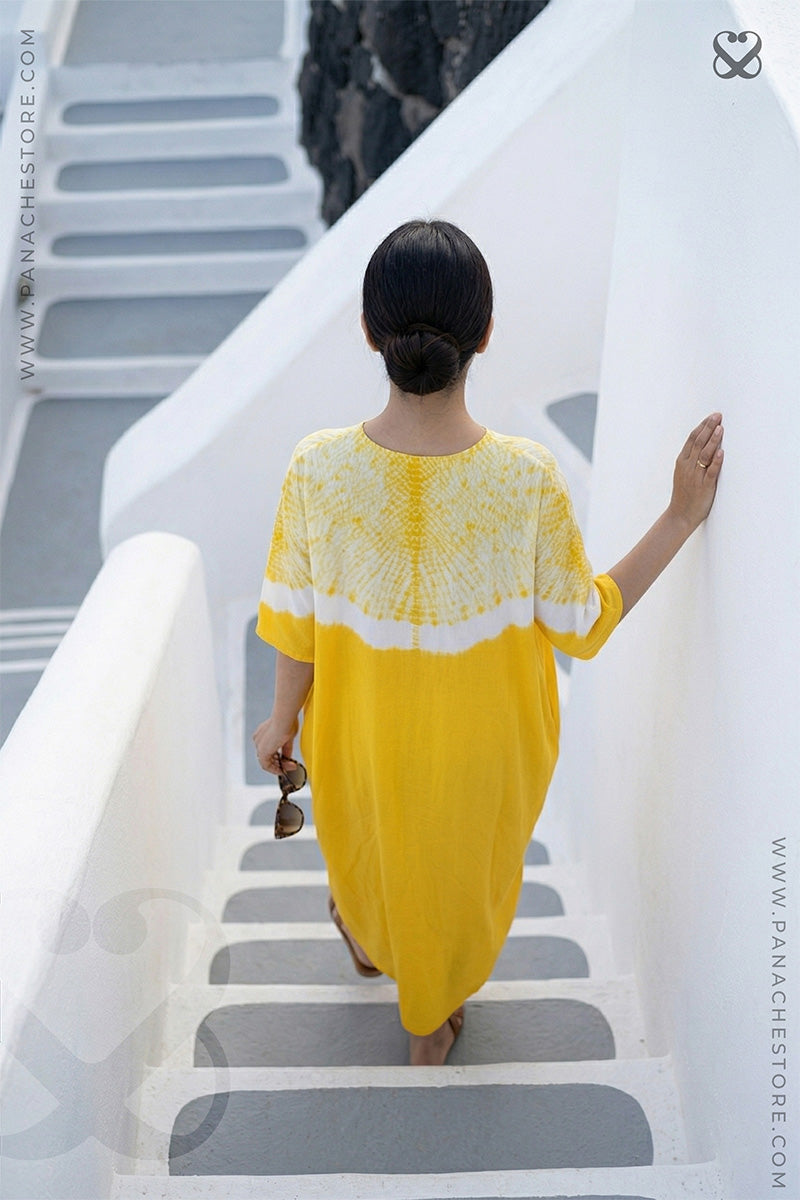Yellow Kaftan Dress with Shibori Prints