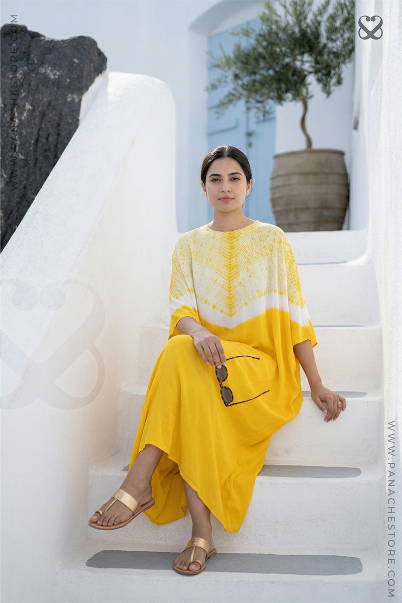 Yellow Kaftan Dress with Shibori Prints